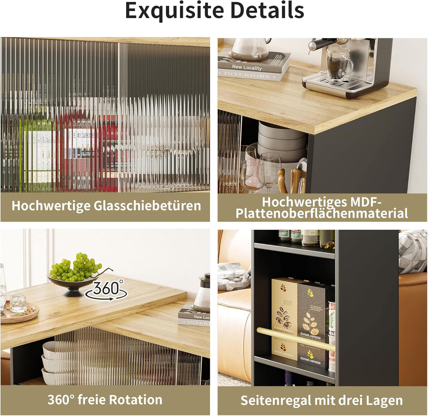 Kebnor Um 360° drehbare Essbar (Hauptkörper 90 x 45 x 100 cm), modernes, einfaches, multifunktionales, drehbares Sideboard mit Ablageflächen und Glas, geeignet für Küchen und Restaurants (schwarz)