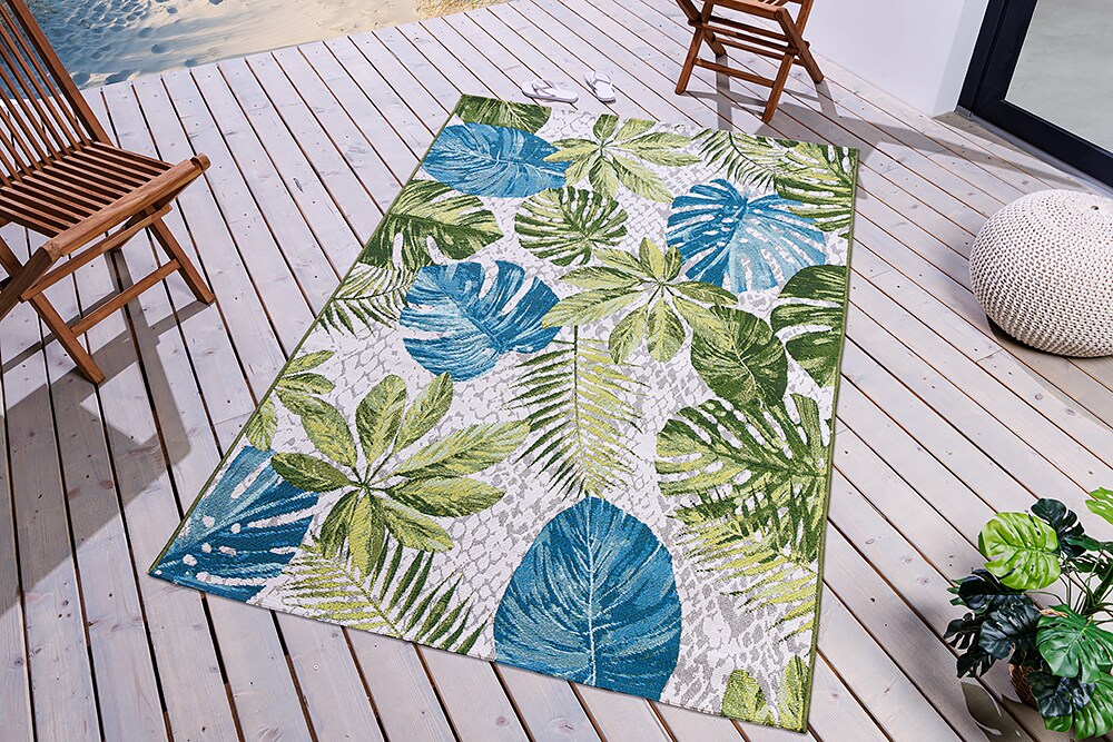 riess-ambiente Teppich LEAF - 235x160cm türkis grün weiß Blätter florales Design wetterfest In- und Outdoor