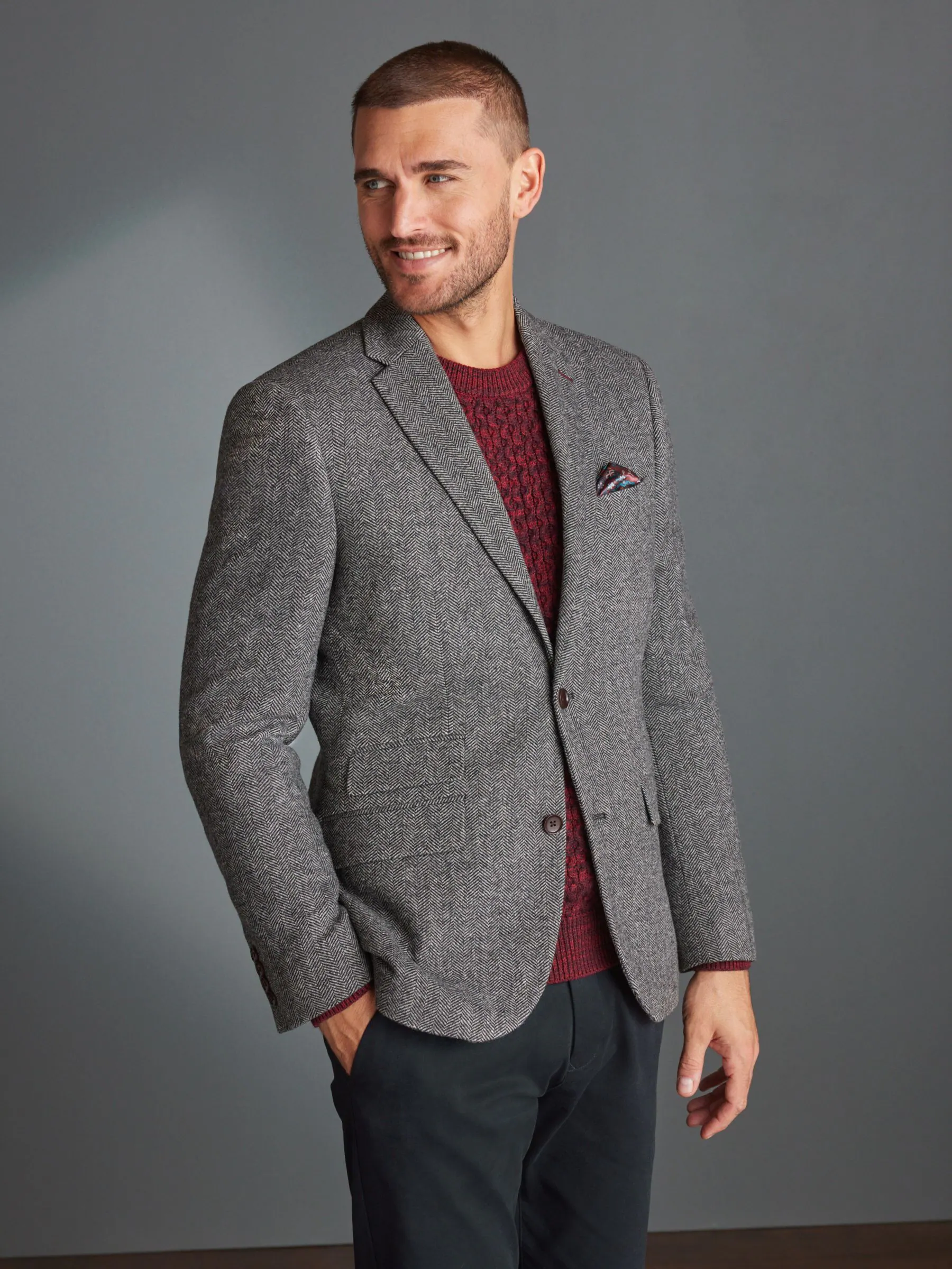 Grijs - Slim Fit - Signature Nova Fides Blazer van wolblend met visgraatmotief