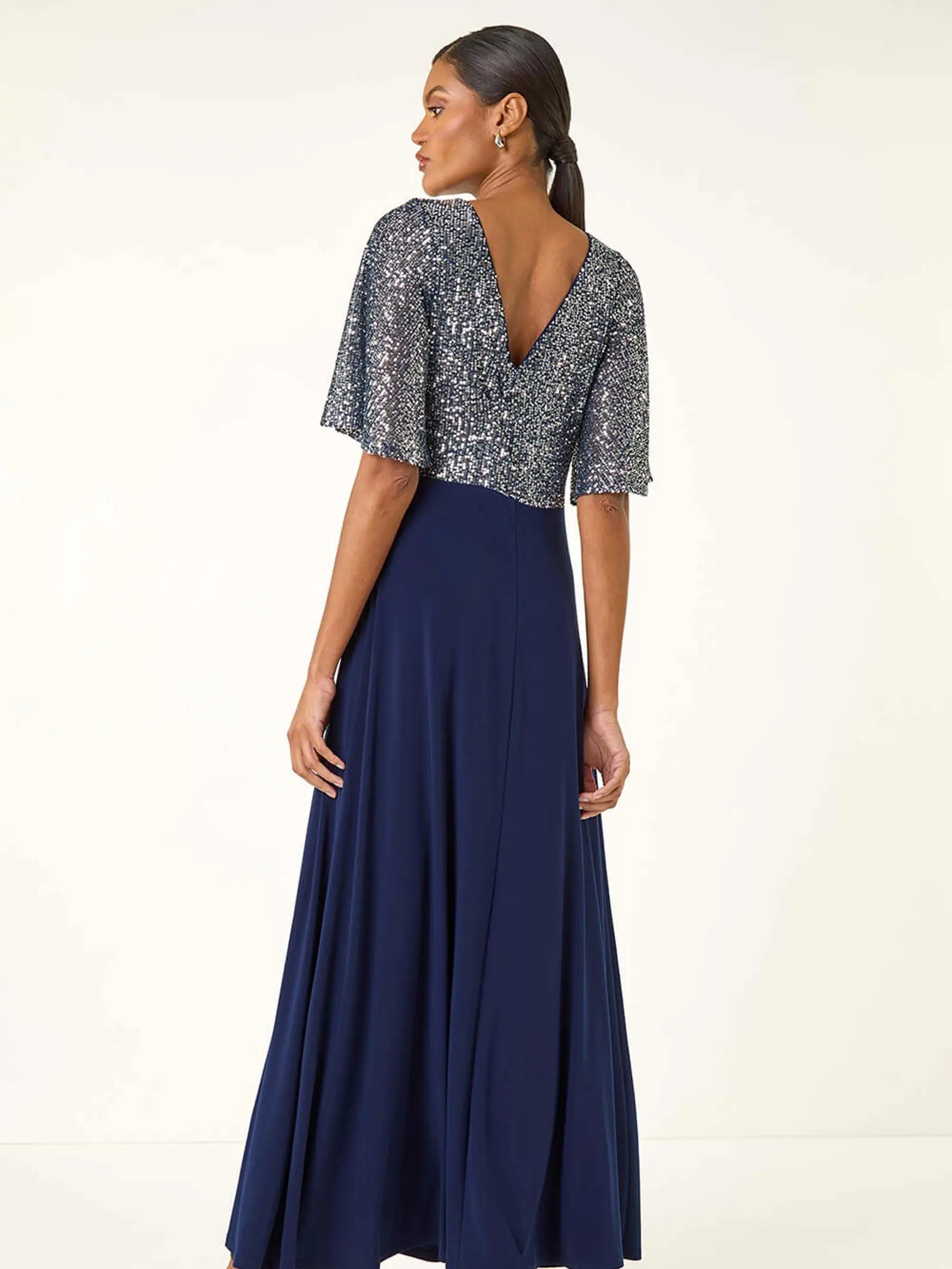 Roman Sequin Flutter Sleeve Midi Dress