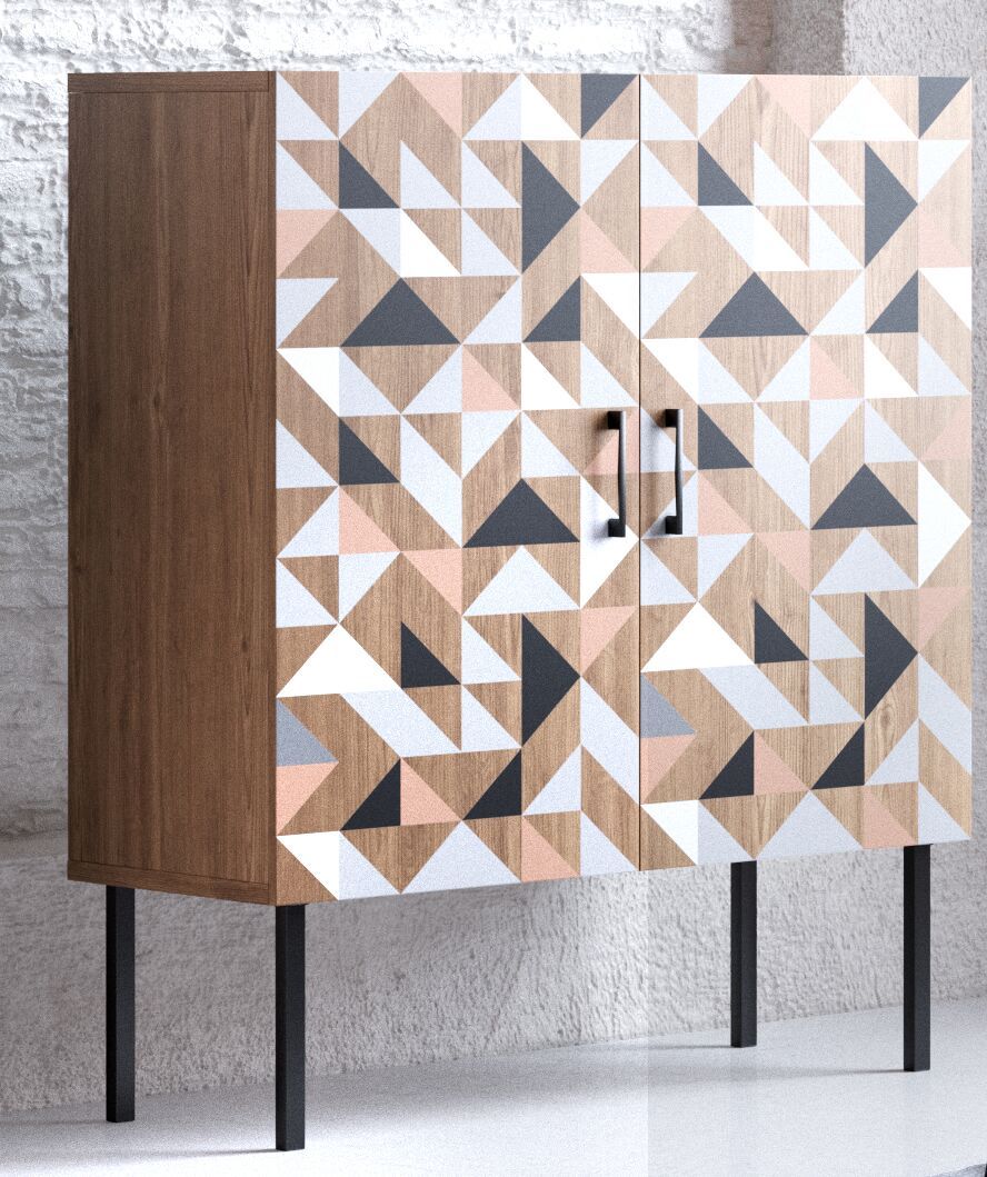 Spectral - Highboard mit 2 Türen mit Soft-Close, bedruckter Front, tobacco oak mit schwarz matt lackierten Metallkomponenten