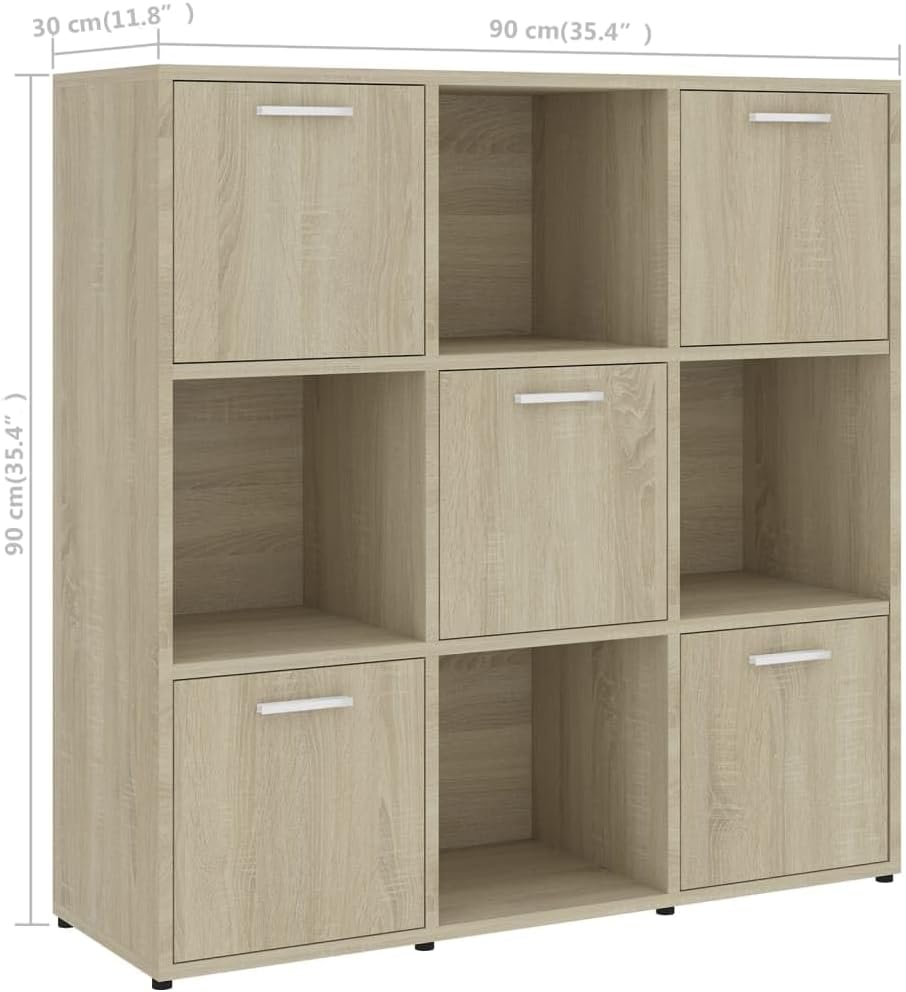 Bücherregal 90x30x90 cm Sonoma Eiche Holzwerkstoff mit 9 Fächern, Davon 5 mit Türen, Robust & Langlebig, Moderner Stauraum Organizer für Living Room, Home Office und Flur