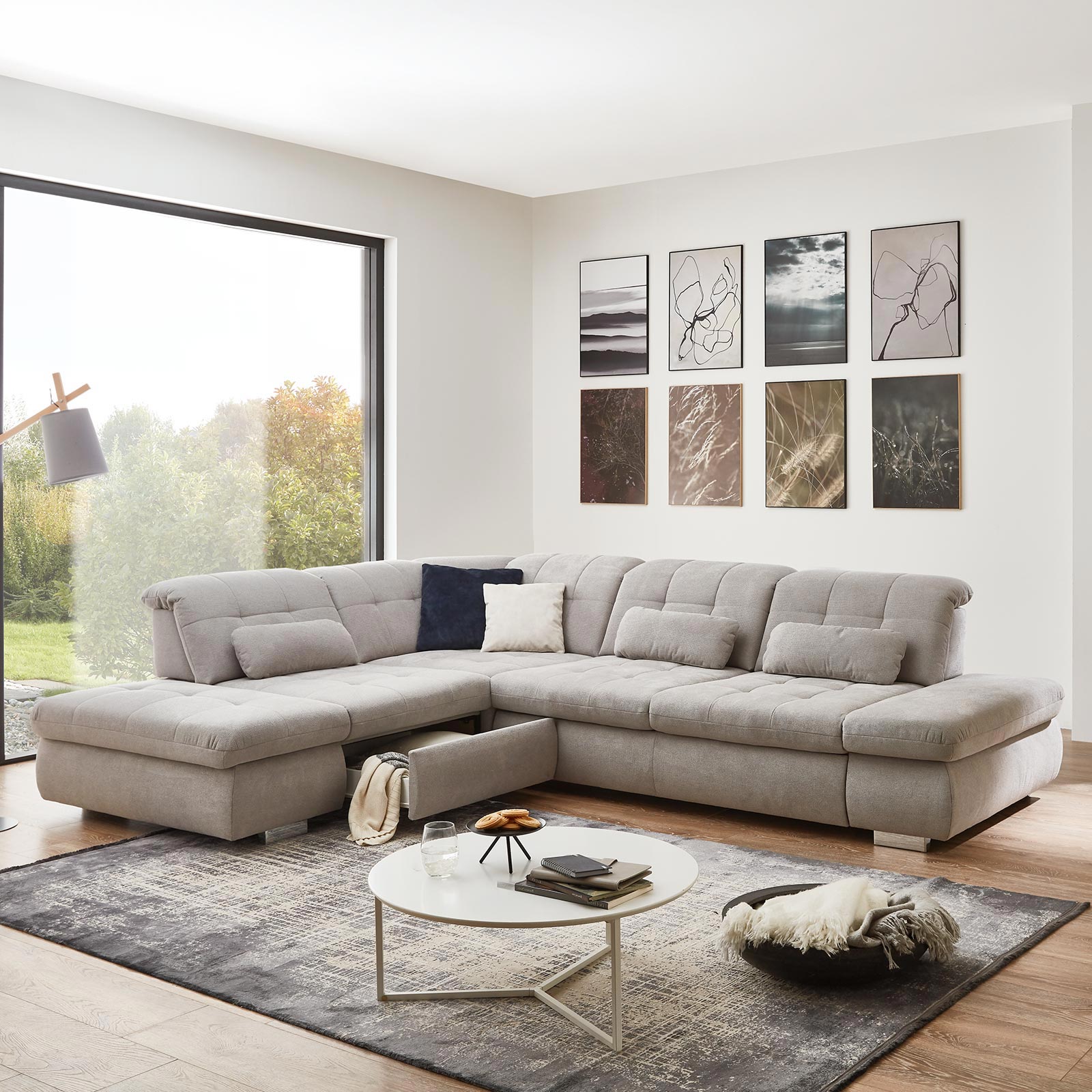 polsterpower Ecksofa - silber - mit Funktionen - Anstellhocker links
