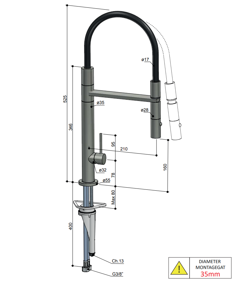 Hotbath Fellow hoge keukenkraan met flexibele uitneembare handdouche RVS geborsteld FKM11