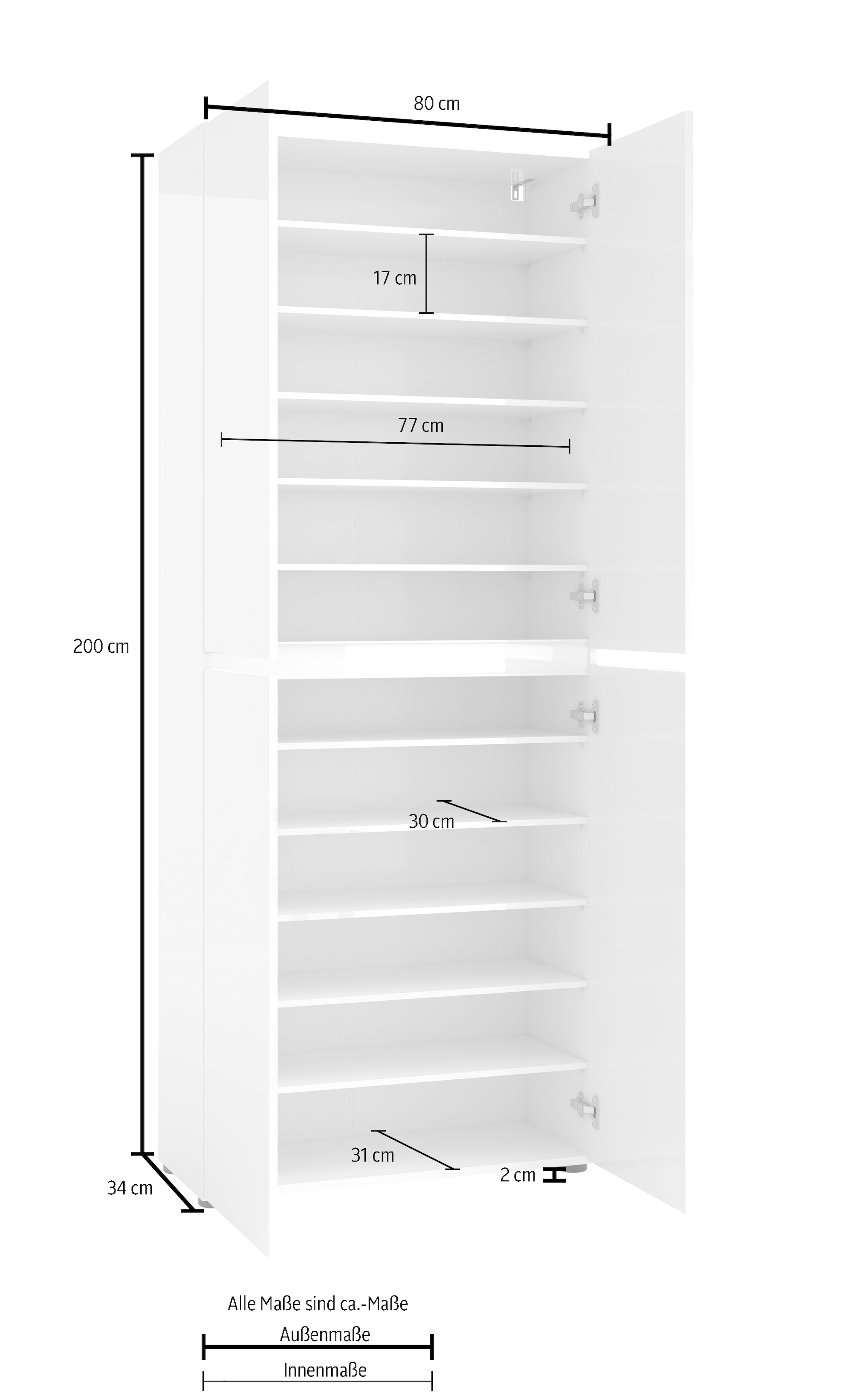 INOSIGN Schuhschrank »MISTER-  Schuhregal, Made in Italy, 12 Fächer, 10 Einlegeböden« Breite 80 cm, Höhe 200 cm, 4 Türen, wendbare Blende