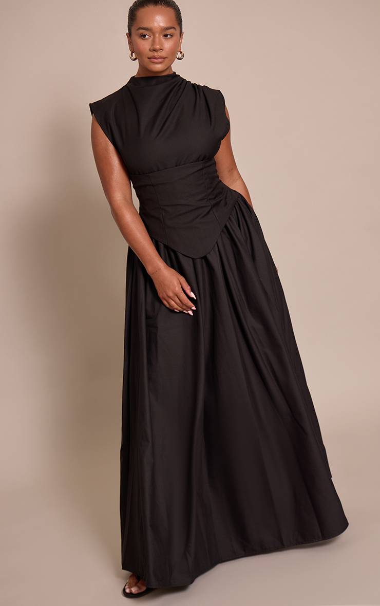 Noir Robe Longue Moulante Corsétée À Col Montant En Tissu Tissé Shape