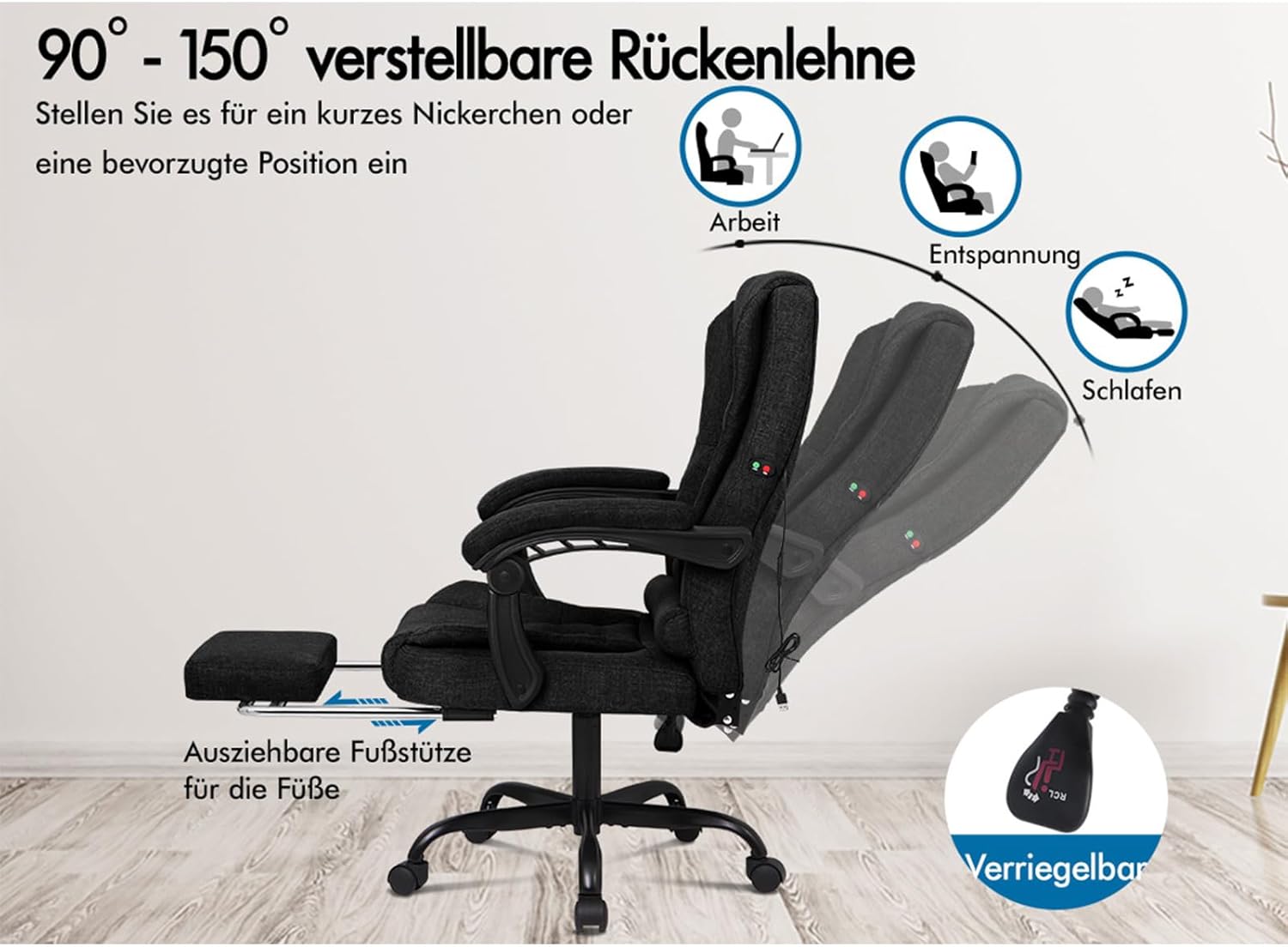 ALFORDSON Chair Bürostuhl, Computer-Schreibtischstuhl, Gaming-Drehstuhl für Computer-Arbeitstisch, ergonomisches Hochlehnerkissen, Lordosenstütze mit Rollen, Leinen, Schwarz