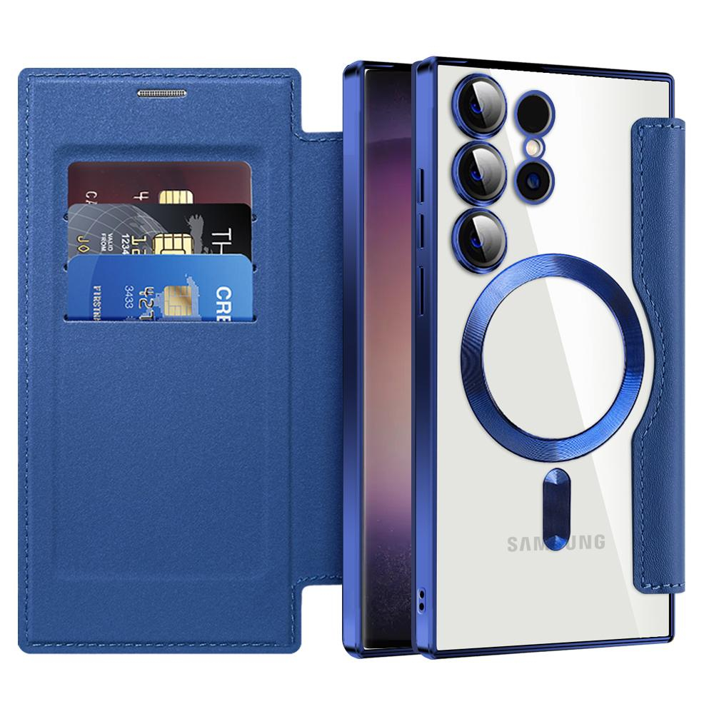 Samsung Galaxy S24 Ultra Hybrid Leder Tasche   Kunststoff Rückseite MagSafe-Modul - Blau / Transparent