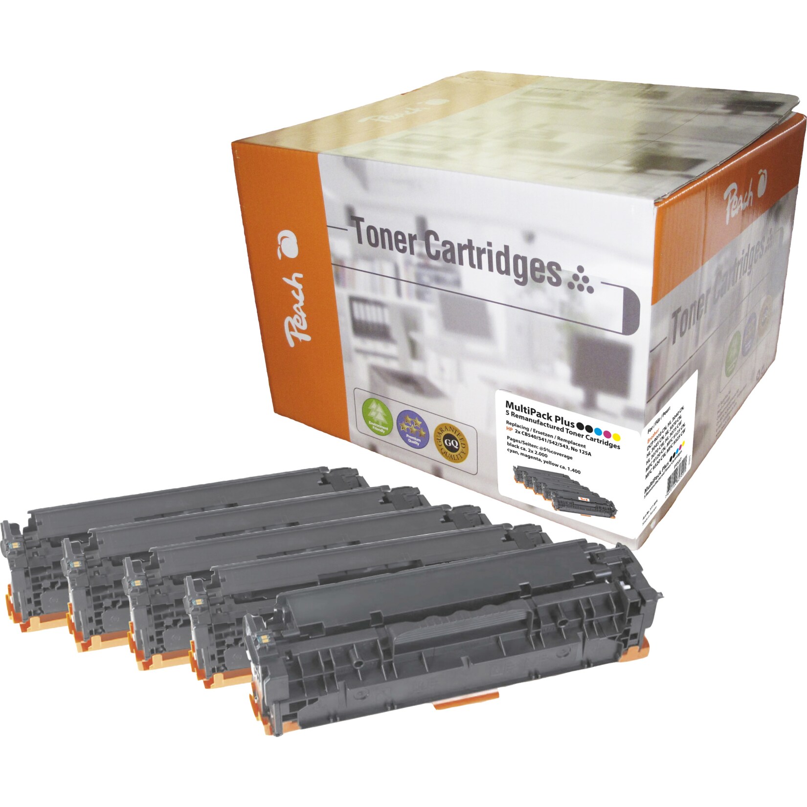 Peach HP 125 A 5 Toner (2*bk, c/m/y) ersetzt HP No. 125A, CB540A*2, CB541A, CB542A, CB543A für z.B. HP Color LaserJet CP 1217 (wiederaufbereitet)