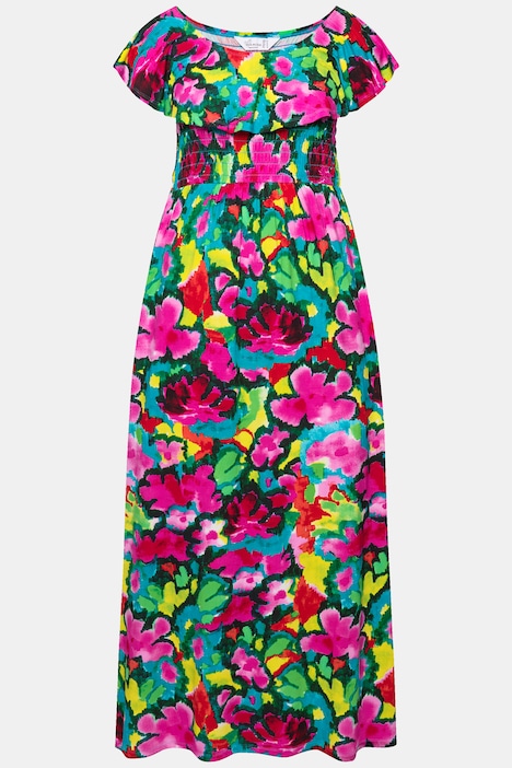 Jersey-Maxikleid, Blumendruck, gesmokte Büste, Carmenausschnitt, Halbarm