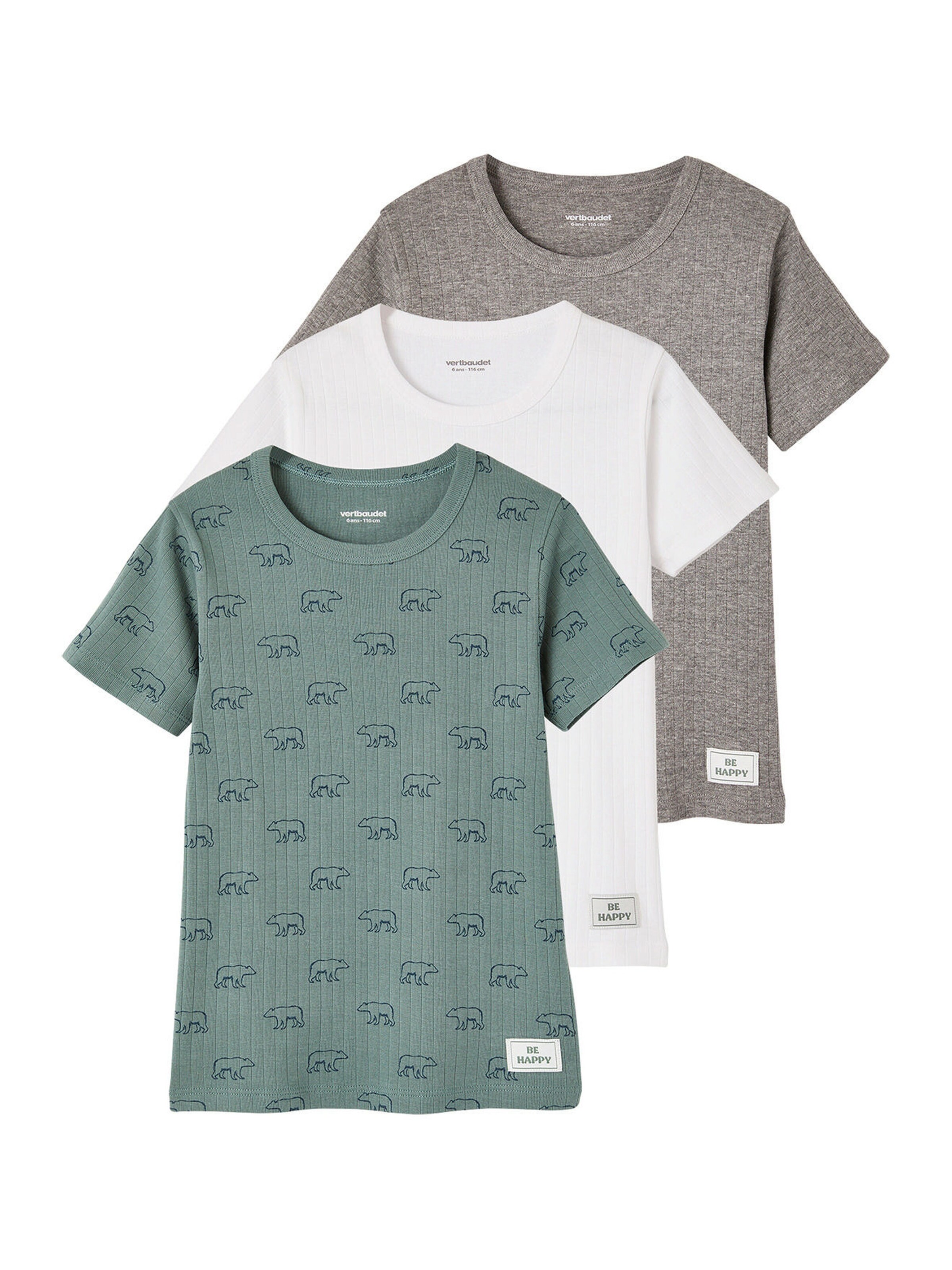 Vertbaudet 3er-Pack Jungen T-Shirts aus Ripp, Bären smaragdgrün