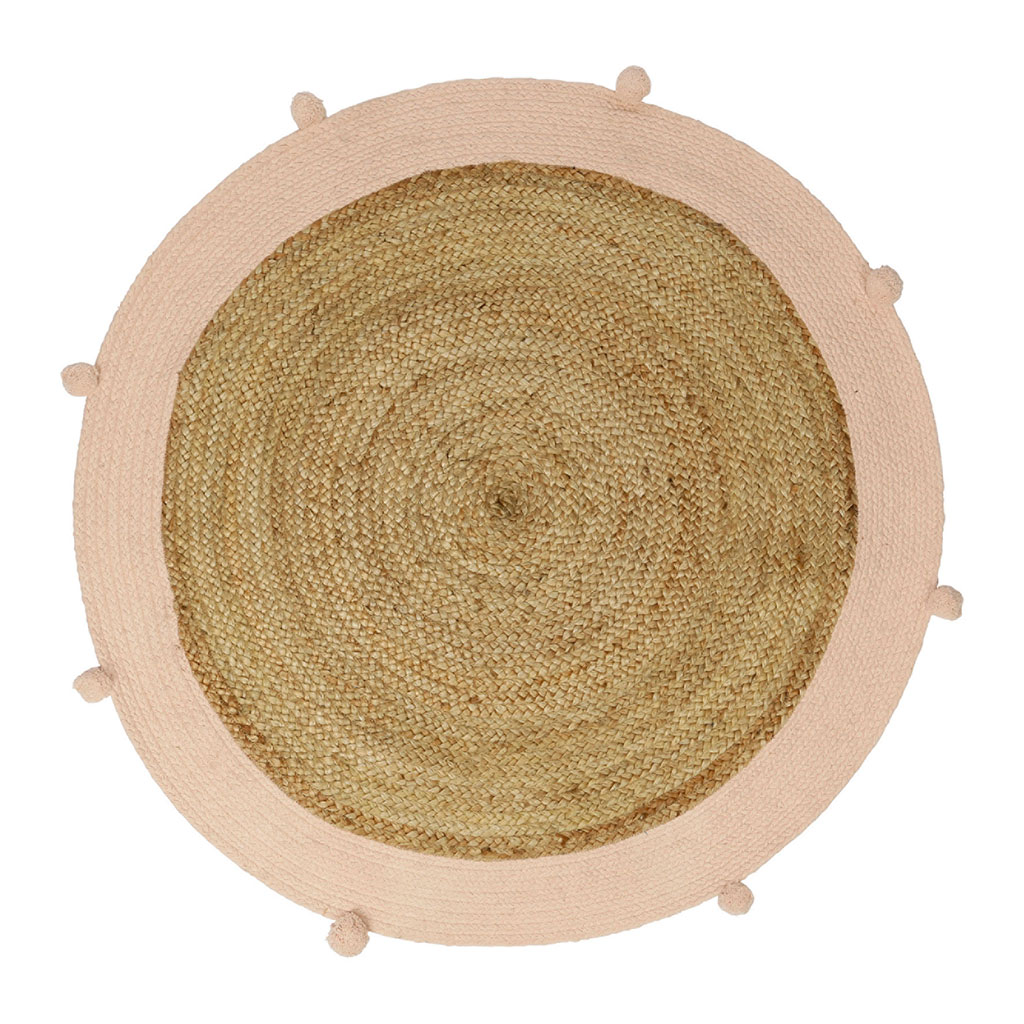 Tapis enfant pompons rose jute  100x100cm
