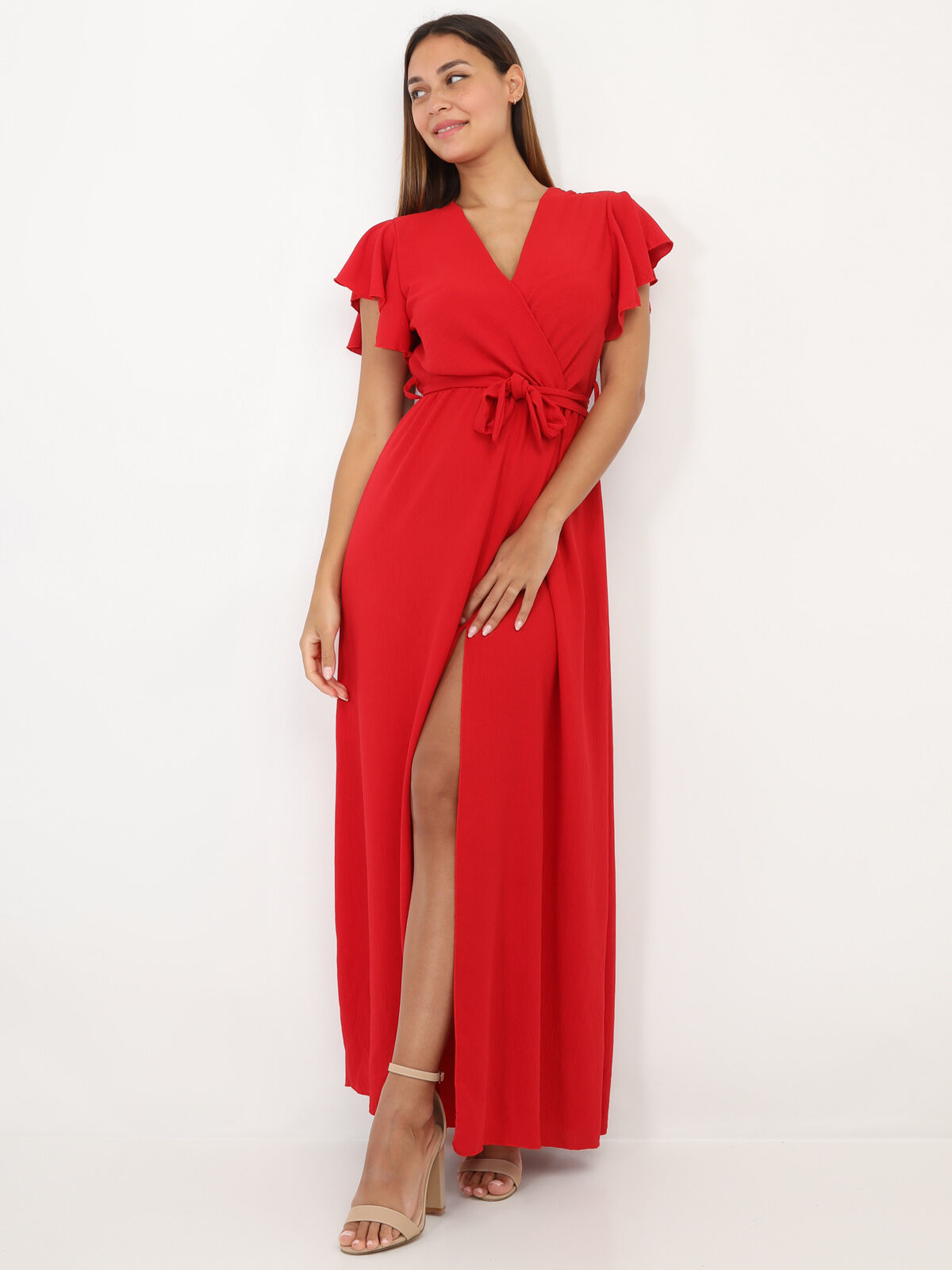 Robe longue fendue à col cache coeur- Rouge