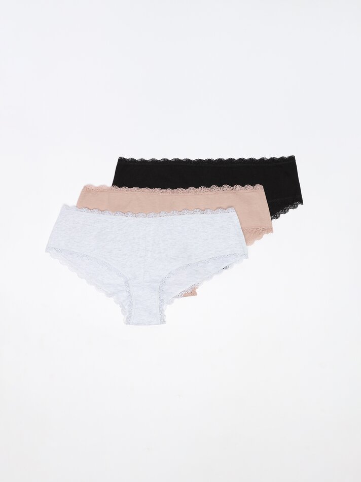 Pacote com 3 calcinhas hipster com renda - Cores variadas