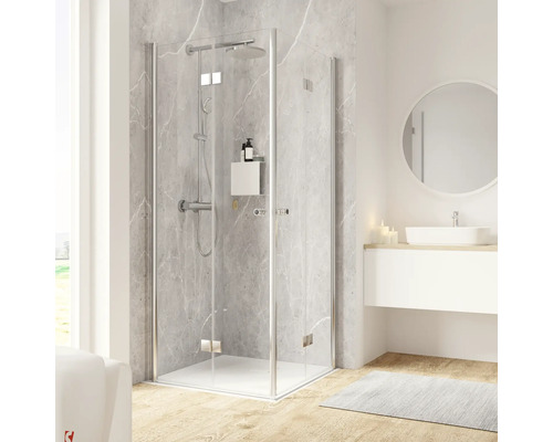 Hoekinstapdeur met draai-vouwdeur SCHULTE Garant 2.0 ExpressPlus 80 x 80 cm, chroomprofiel, helder glas, vuilafstotende glascoating, deurscharnier links, deurscharnier rechts, buffergreep