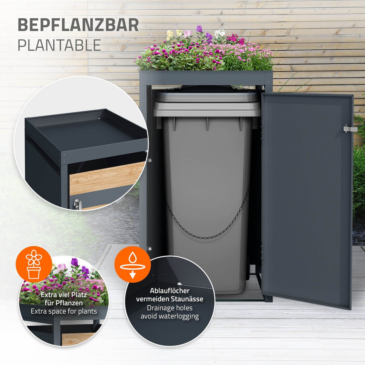 ML-Design Enkele Bak Opslagunit met Groendak voor 1 Bak, 240L, 68x80x124 cm, Larikslook, Staal, Weerbestendig, Afsluitbare Bakbehuizing met Deur, Bakbox, Bakcontainer, Bakdeksel