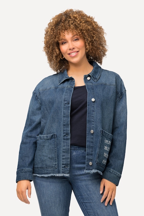 Jeansjacke, Schriftdruck, Oversized, Fransen, Hemdkragen