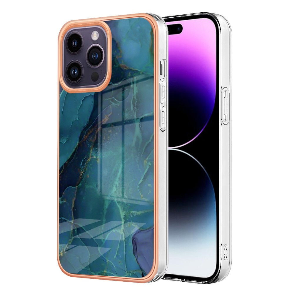 iPhone 14 Pro Gummi Case Hülle Galvanisierter Rahmen Marble Marmor Design - Blau / Roségold