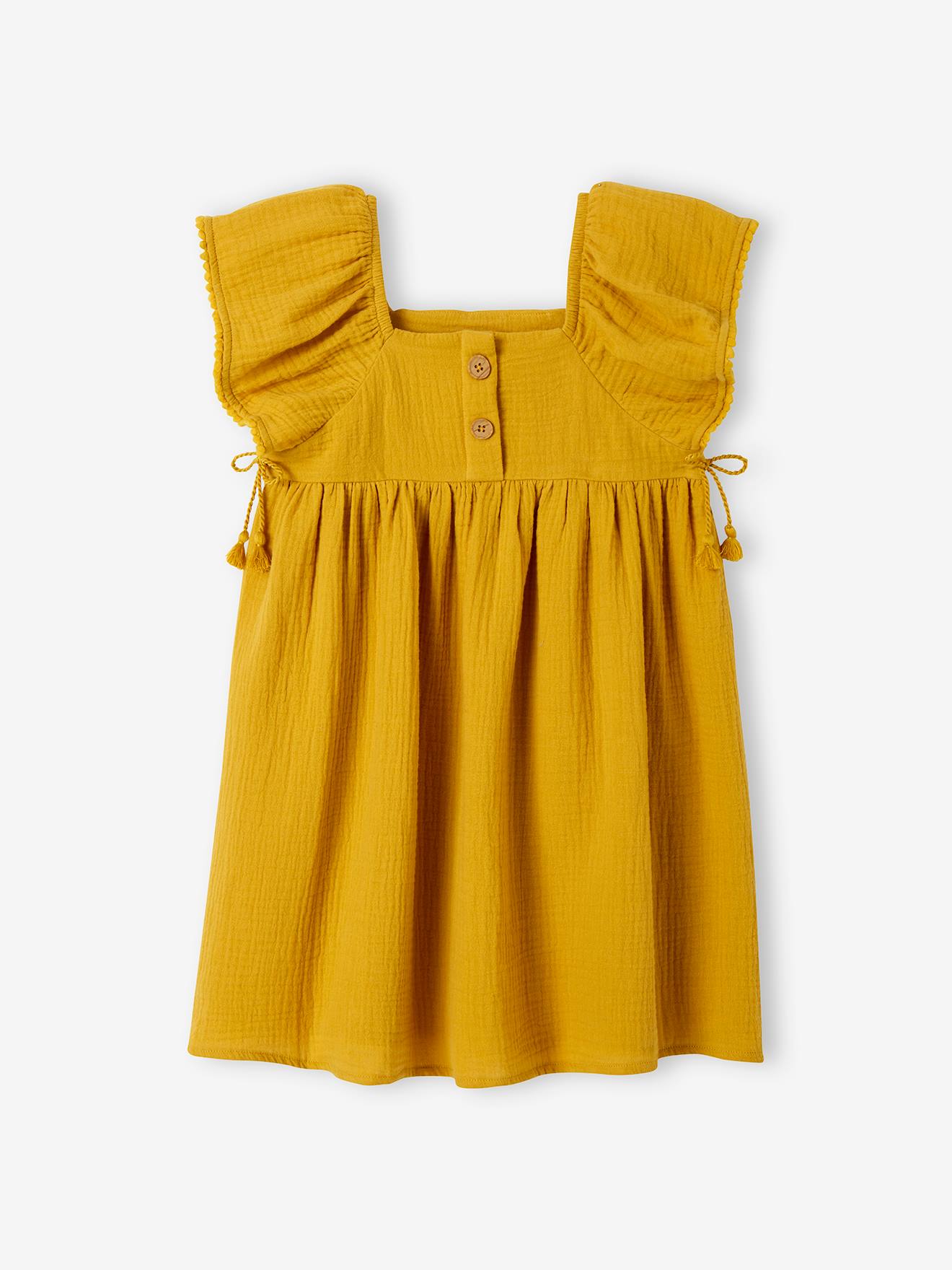 Vestido de chiffon de algodão para meninas, amarelo liso tamanho médio
