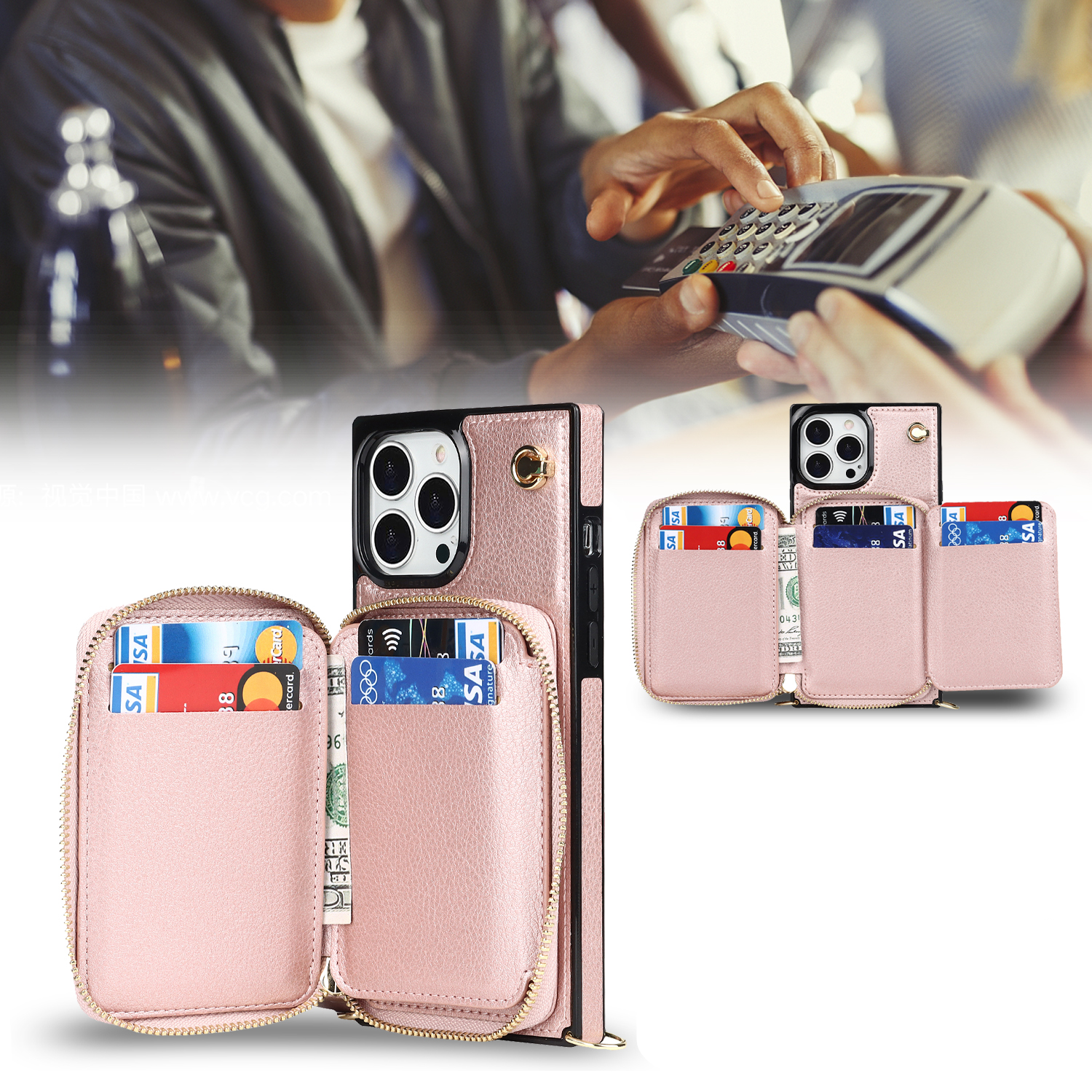 iPhone 13 Pro Necklace Leder Schutz Hülle mit Kartenfächer   Handykette (140cm) - Roségold