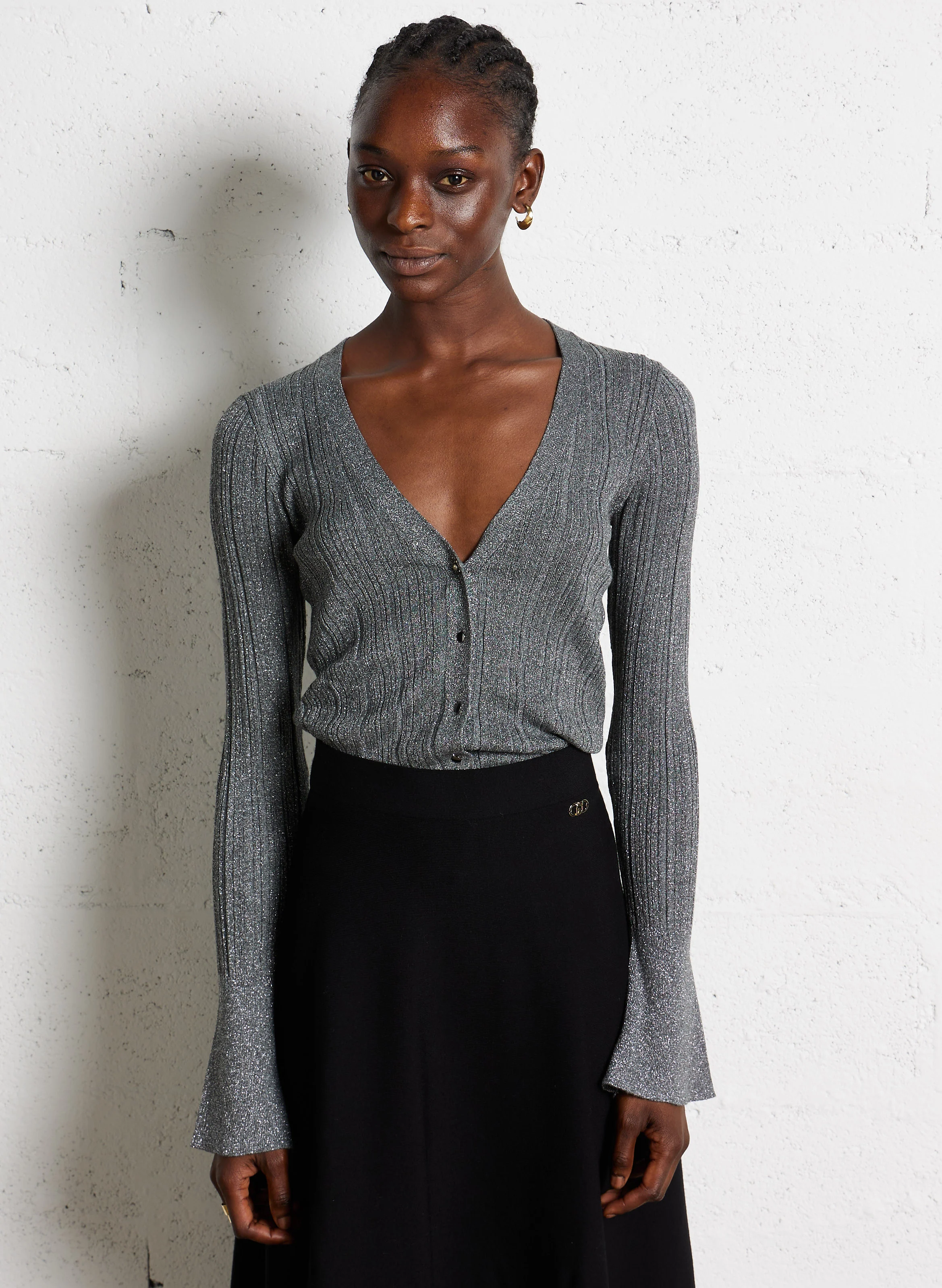 Cardigan col V ajusté en maille | Gris
