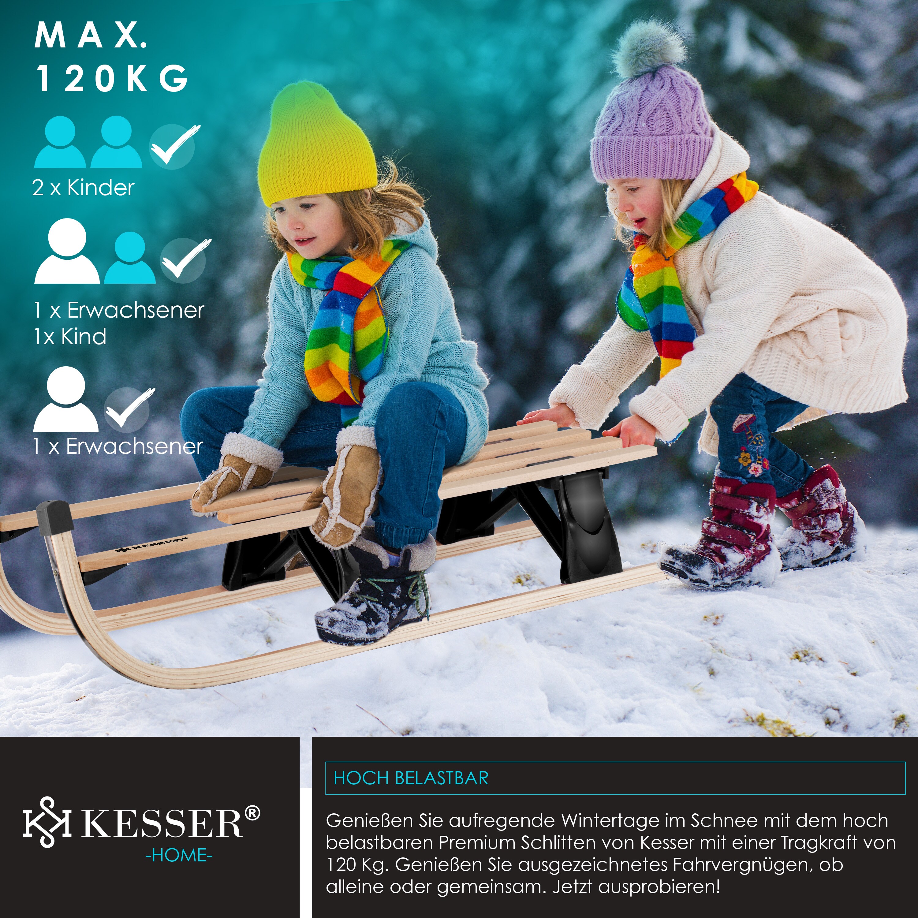 KESSER® Holzschlitten Premium Schlitten faltbar Kinder Faltschlitten Kinderschlitten aus Buchenholz inkl. Zugseil Schieber Metallkufen