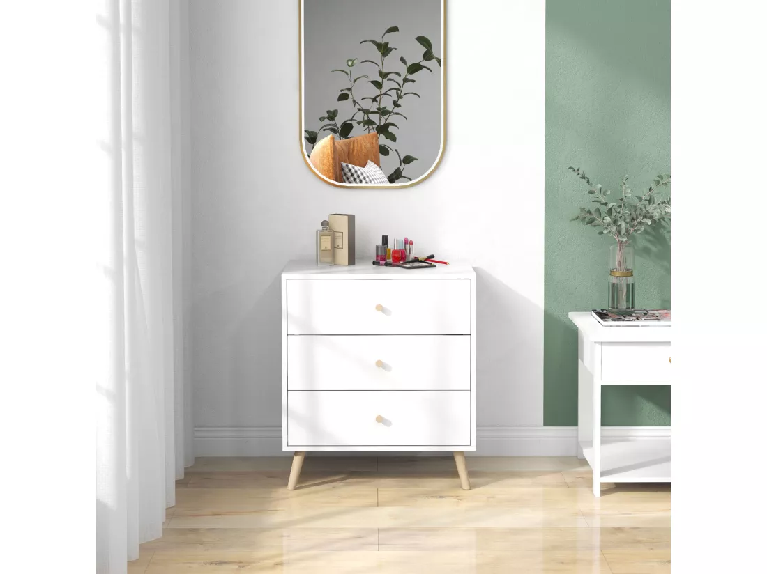 Commode 3 tiroirs design scandinave piètement effilé incliné bois pin MDF blanc