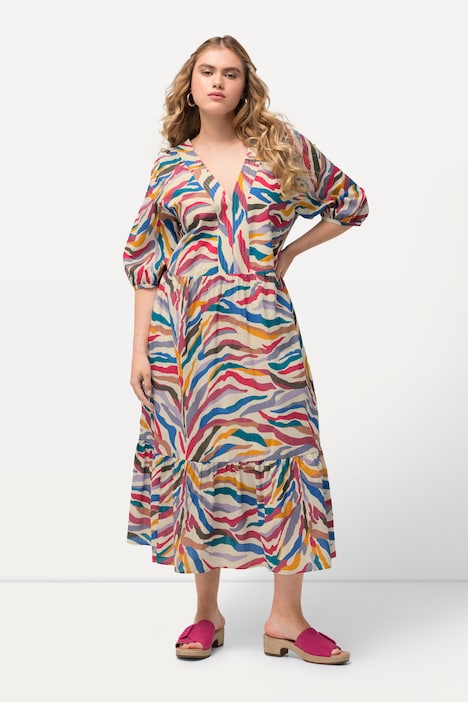 Midikleid, A-Linie, V-Ausschnitt, geraffter Halbarm