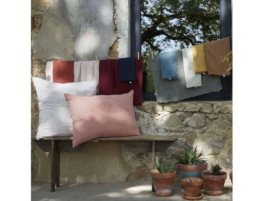 TERRE DE NUIT - Taie d'oreiller brodée double gaze de coton bleu marine 60 x...