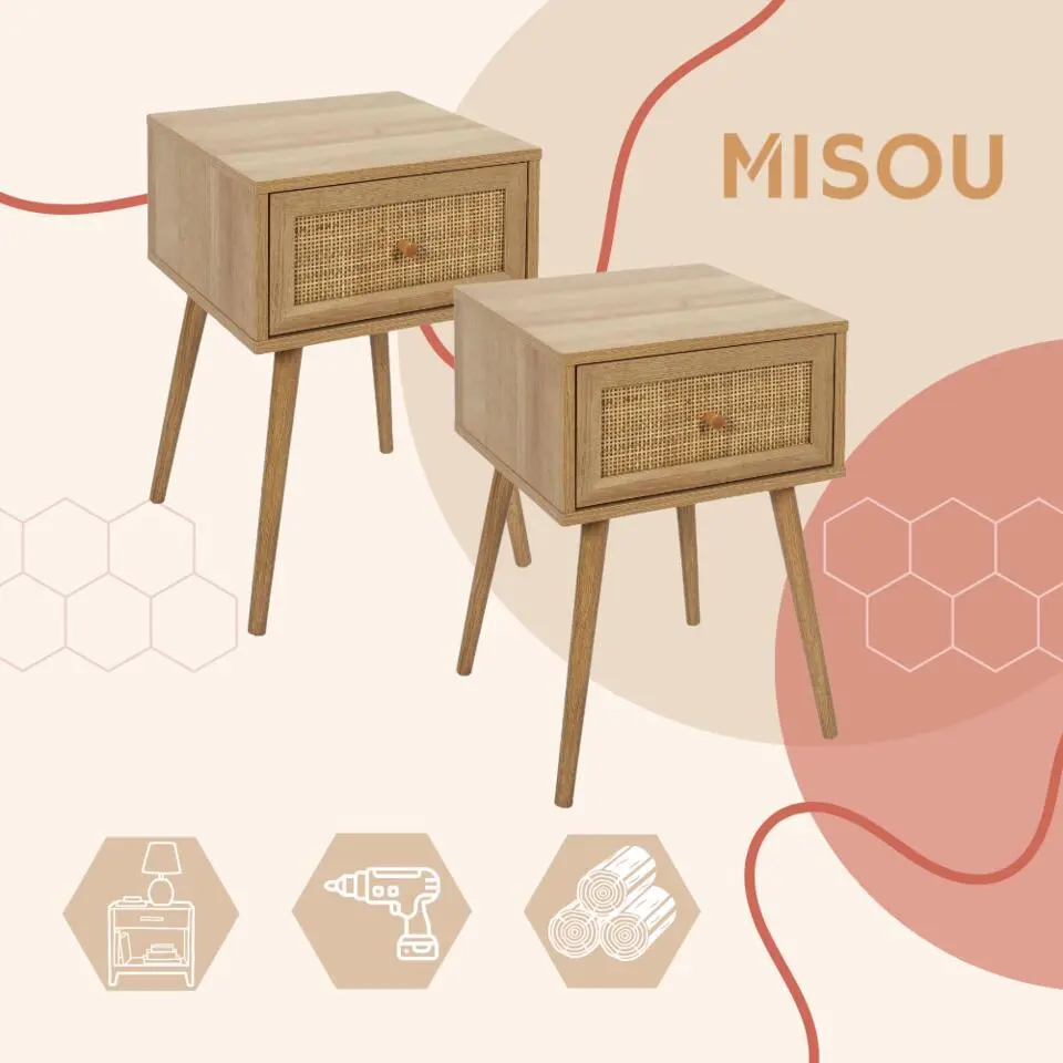 MISOU Nachtkastje Met Lade Set van 2 Rotan Webbing Hout