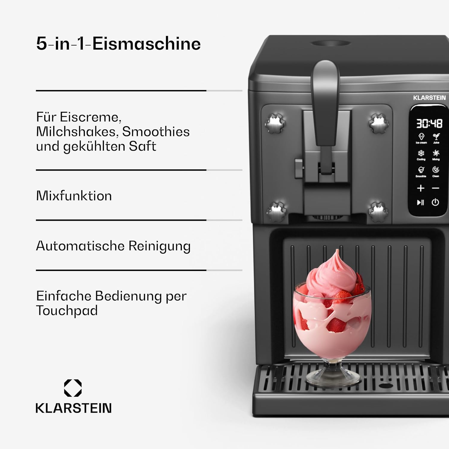Klarstein SweetSwirl Eismaschine - 3-in-1 Für Eiscreme, Milchshakes & Smoothies, 1,5 L Tank, Touch-Display, Keep-Cool-Modus, Reinigungsfunktion, Schwarz