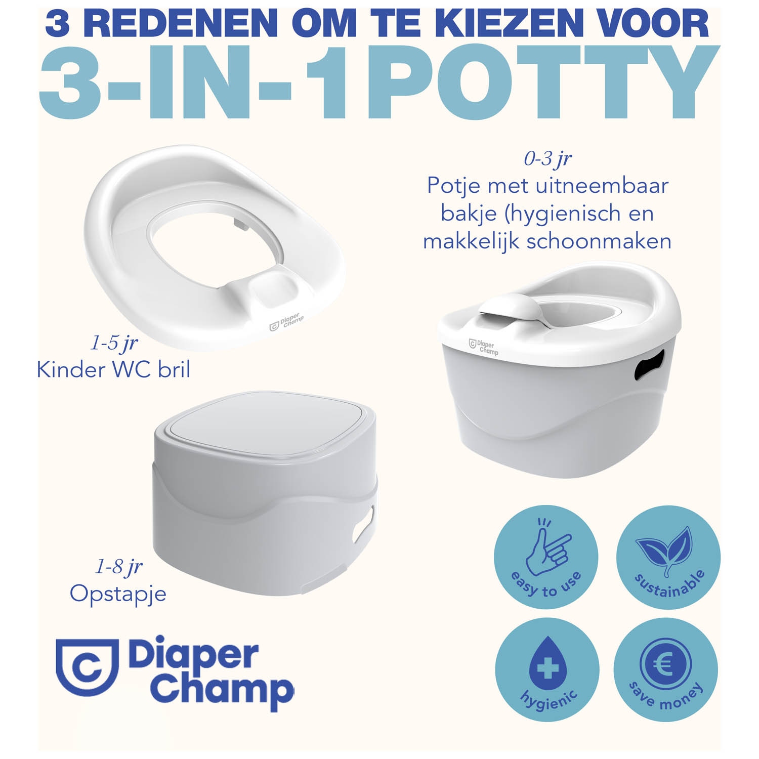 Diaperchamp Potty 3-in-1 grijs - potjes & toiletverkleiners - Prénatal