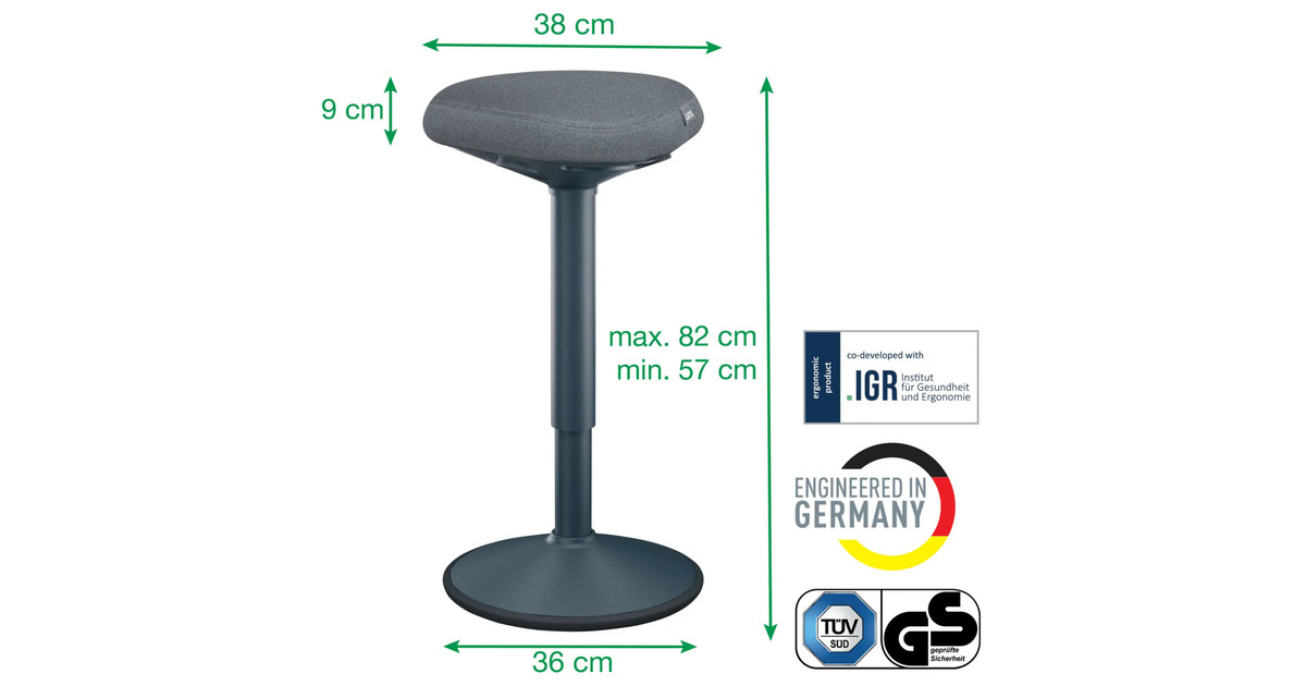 LeitzErgo Wiebelkruk met Gasveer (57 - 82 cm) stoel  (Donkergrijs)