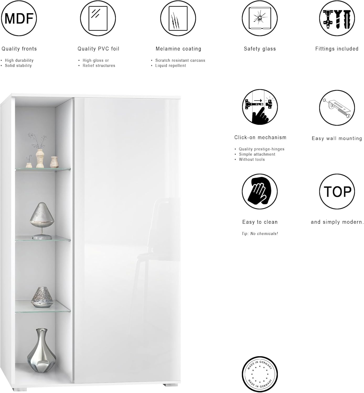 Vladon Vitrine Davos, Made in Germany, Standvitrine mit 3 Glasböden und 8 Fächer, Weiß matt/Weiß Hochglanz (71,5 x 134 x 35 cm)