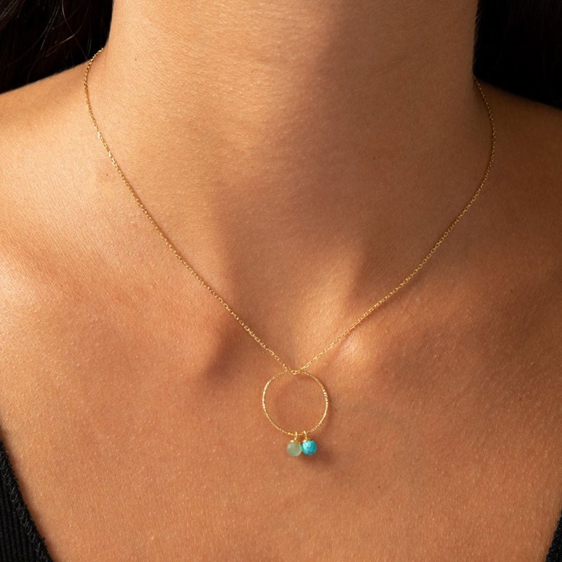 Collier Cercle Argent Dore Pierres Naturelles Turquoise Labradorite