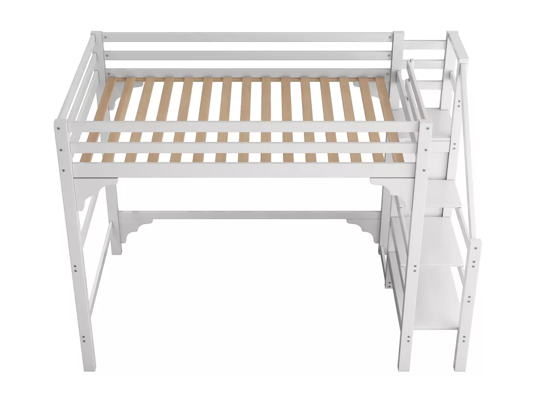 Lit mezzanine 140x200cm, lit d'enfant avec sommier à lattes, escalier avec armoire de rangement, anti-chute, blanc