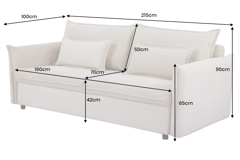 Design Schlafsofa APARTMENT 215cm beige Cord 3-Sitzer Couch inkl. Bettkasten Kissen