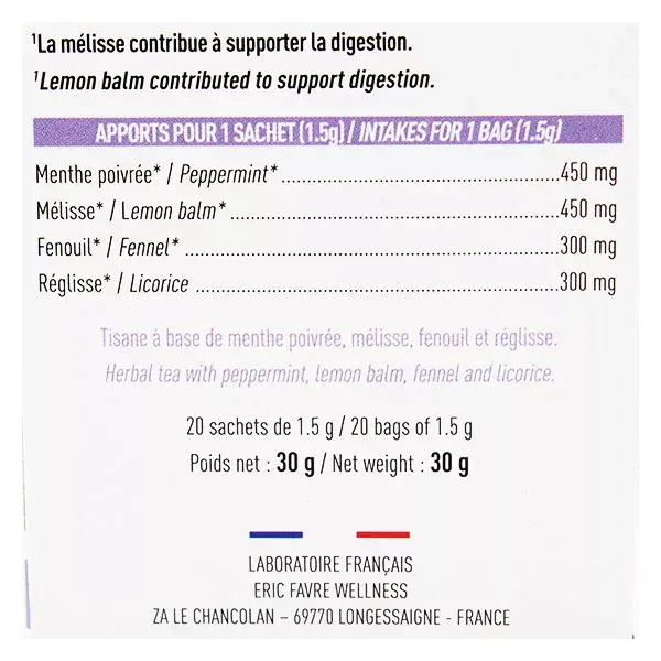 Chá de ervas digestivo orgânico Eric Favre Wellness, 20 sachês
