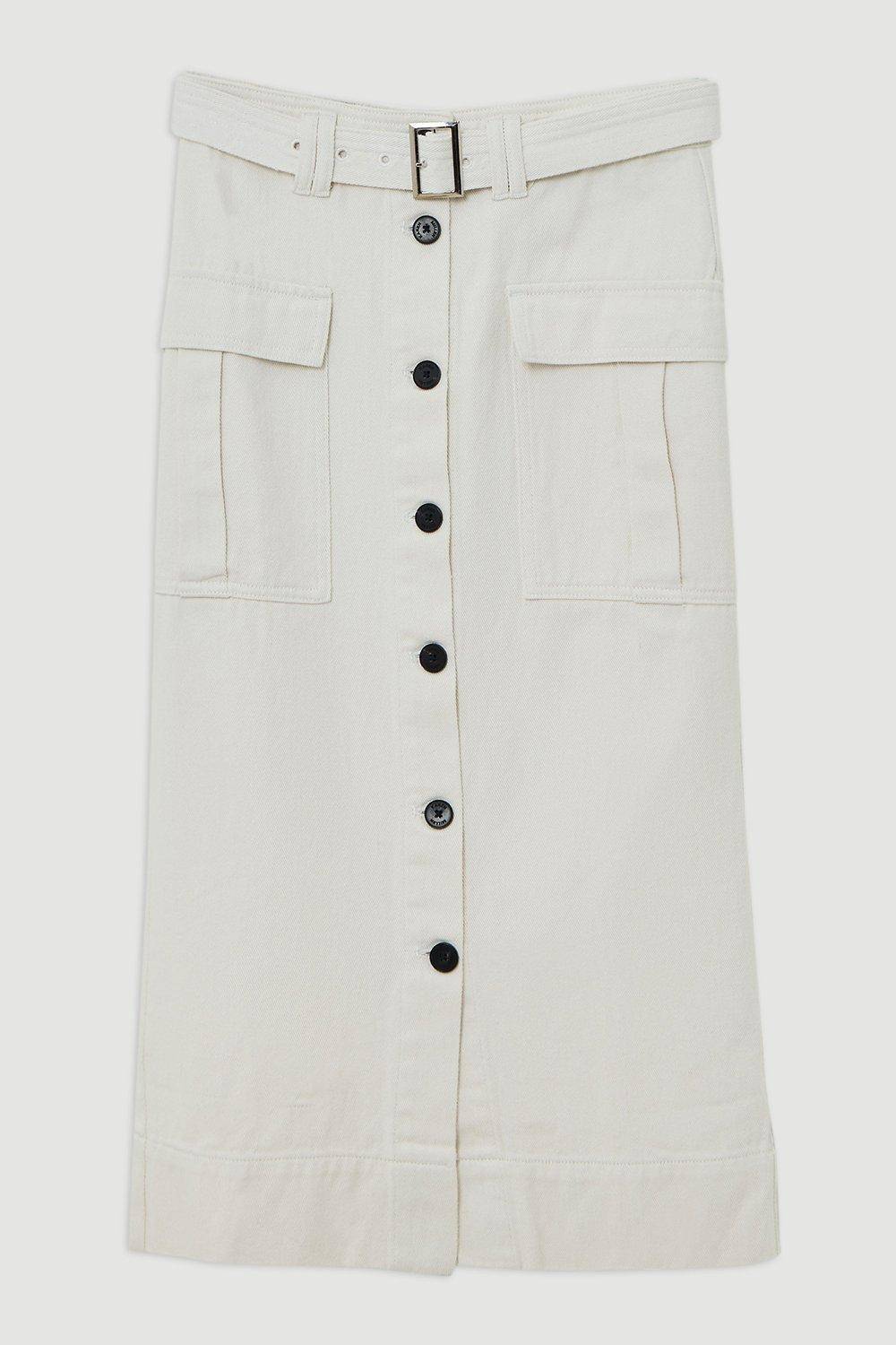 KarenMillen Jupe midi en denim cargo à poches et ceinture