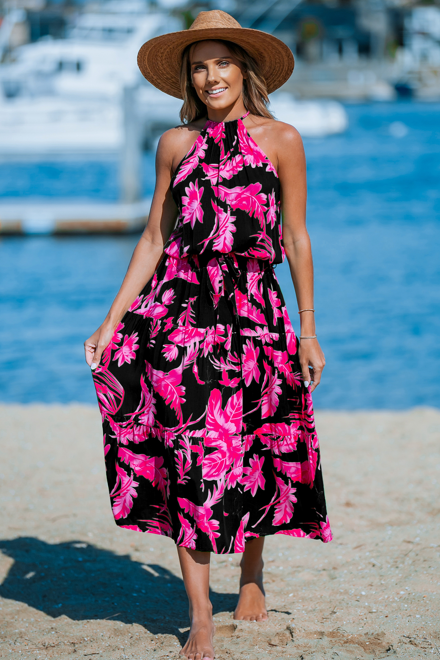 Robe maxi avec col haut sans manches à fleurs