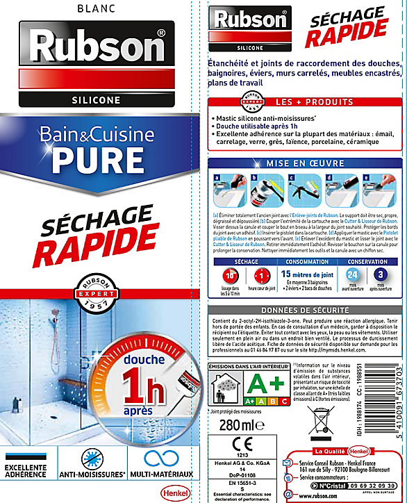 Mastic Rubson Bain&Cuisine Séchage Rapide blanc cartouche 280ml
