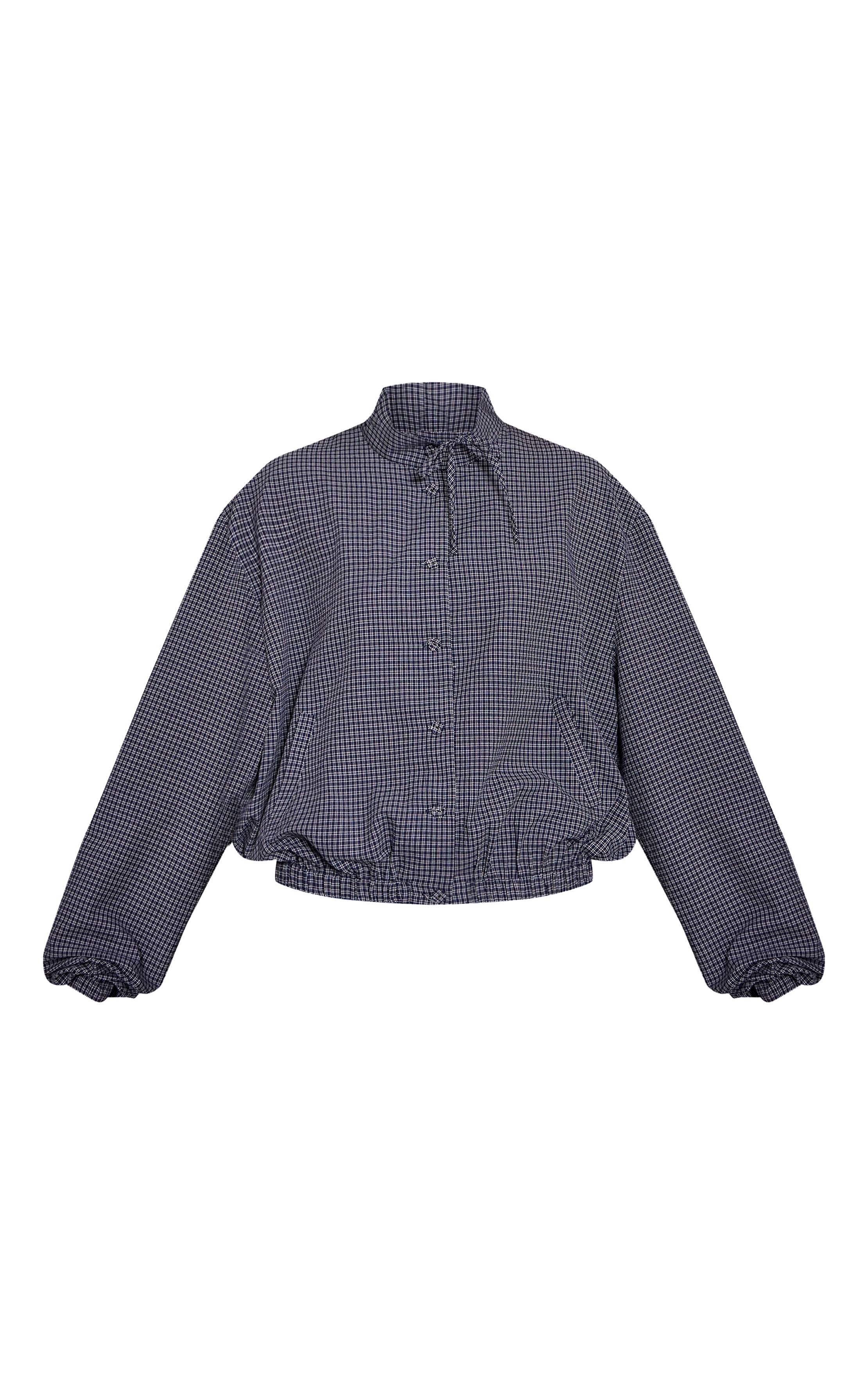 Bleu Chemise À Carreaux À Manches Longues Avec Col Montant Et Détail Nœud