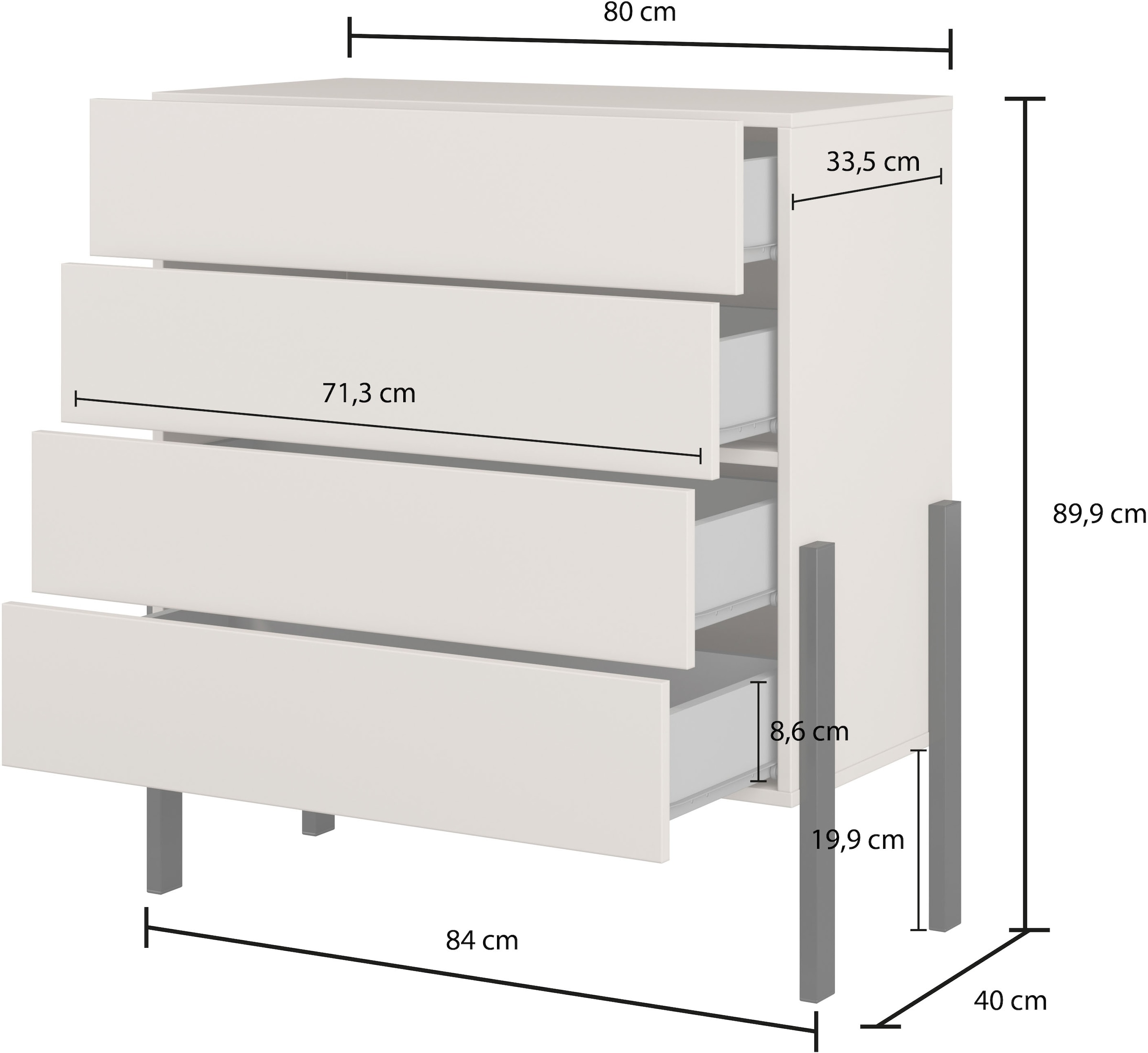 Home affaire Kommode »Jukon, Breite 84 cm, moderne grifflose Kommode« Schubladenkommode mit 4 Schubkästen, push to open Funktion