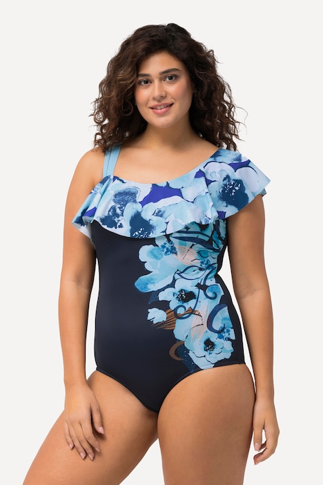 One-Shoulder-Badeanzug, Blüten, Softcups, Volant