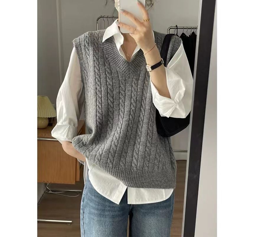 Shinsei - Effen shirt / V-hals kabelgebreid vest
