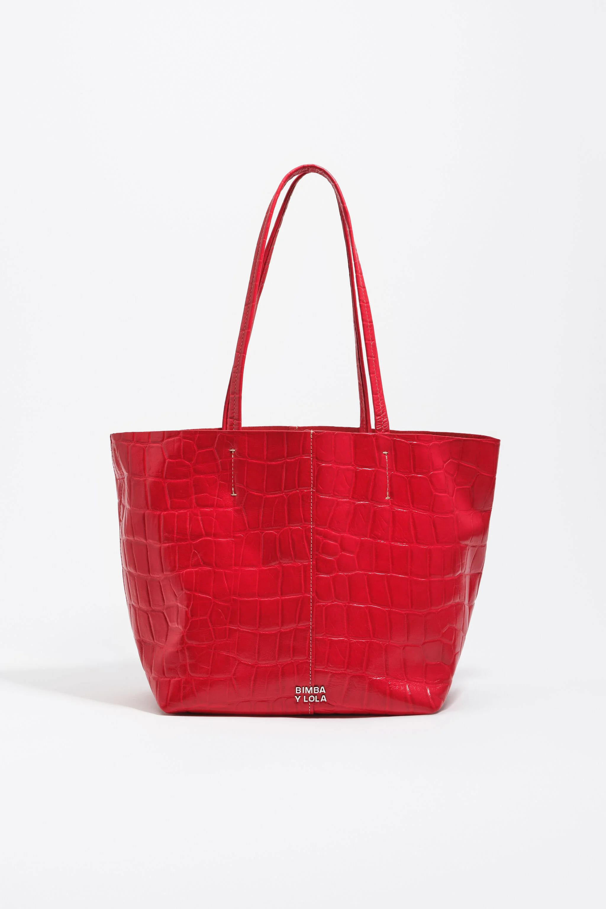Bolsa de compras média em couro vermelho com estampa de crocodilo.