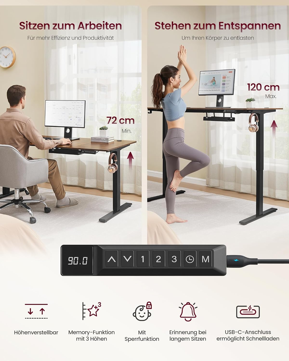 VASAGLE Höhenverstellbarer Schreibtisch, 140 x 80 cm, USB-C-Anschluss, Ablage für Steckdosenleiste, Stehtisch, Erinnerung bei langem Sitzen, 3 Speichertasten, für Büro, vintagebraun LSD144KD02