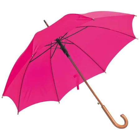 Macma Automatik-Regenschirm mit gebogenem Holzgriff und Holzspitzen, pink