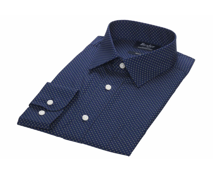 Chemise coton imprimée navy motif beige foncé - Poche poitrine - ADALBERT