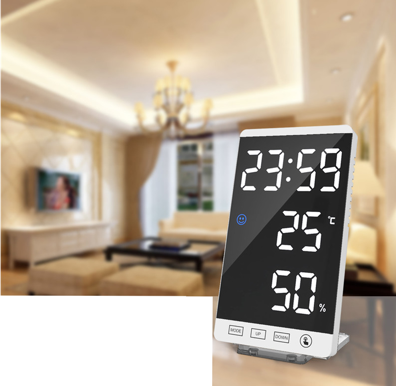 (15x9cm) Digitaler LED Wecker Dimmbar mit Spiegel / Thermometer / Hygrometer / USB A Ladeanschluss   Magnetischer Standfuss - Schwarz